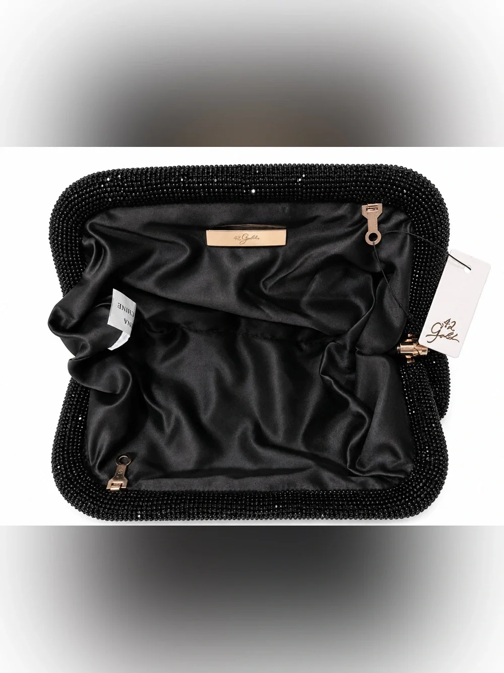 42 Gold Aurora Rhinestone Pouch Clutch Black Evening Bag with Chain Strap NWT